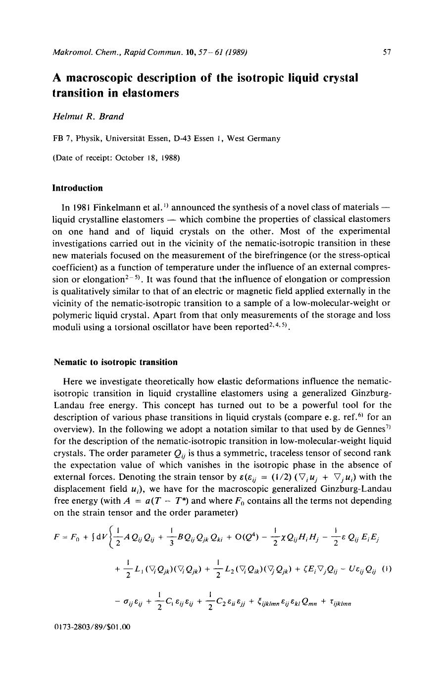A macroscopic description of the isotropic liquid crystal transition in elastomers by Unknown