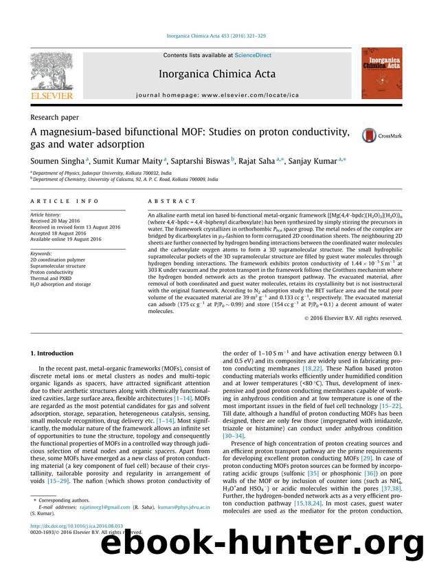 A magnesium-based bifunctional MOF: Studies on proton conductivity, gas and water adsorption by Soumen Singha & Sumit Kumar Maity & Saptarshi Biswas & Rajat Saha & Sanjay Kumar