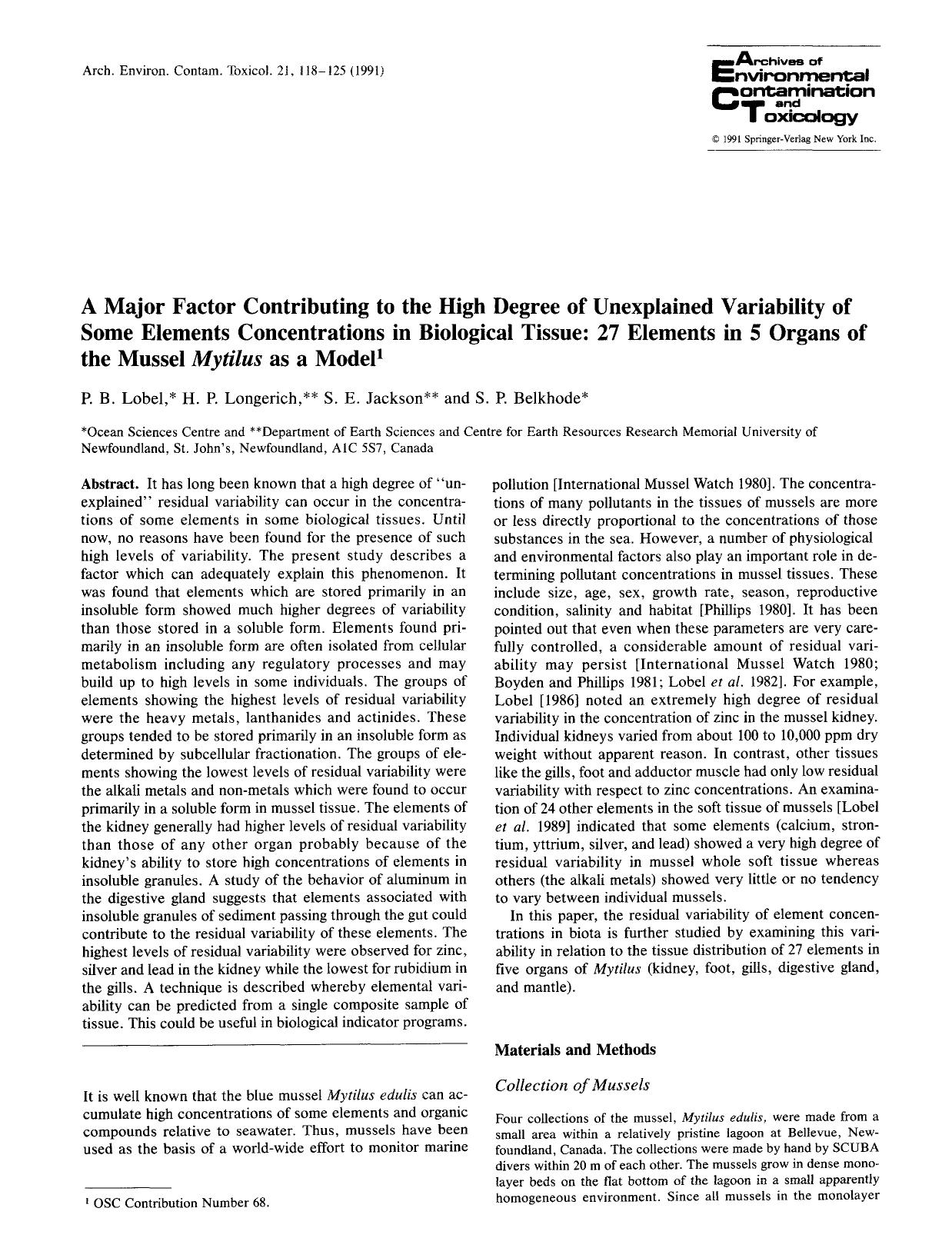 A major factor contributing to the high degree of unexplained variability of some elements concentrations in biological tissue: 27 elements in 5 organs of the mussel <Emphasis Type by Unknown