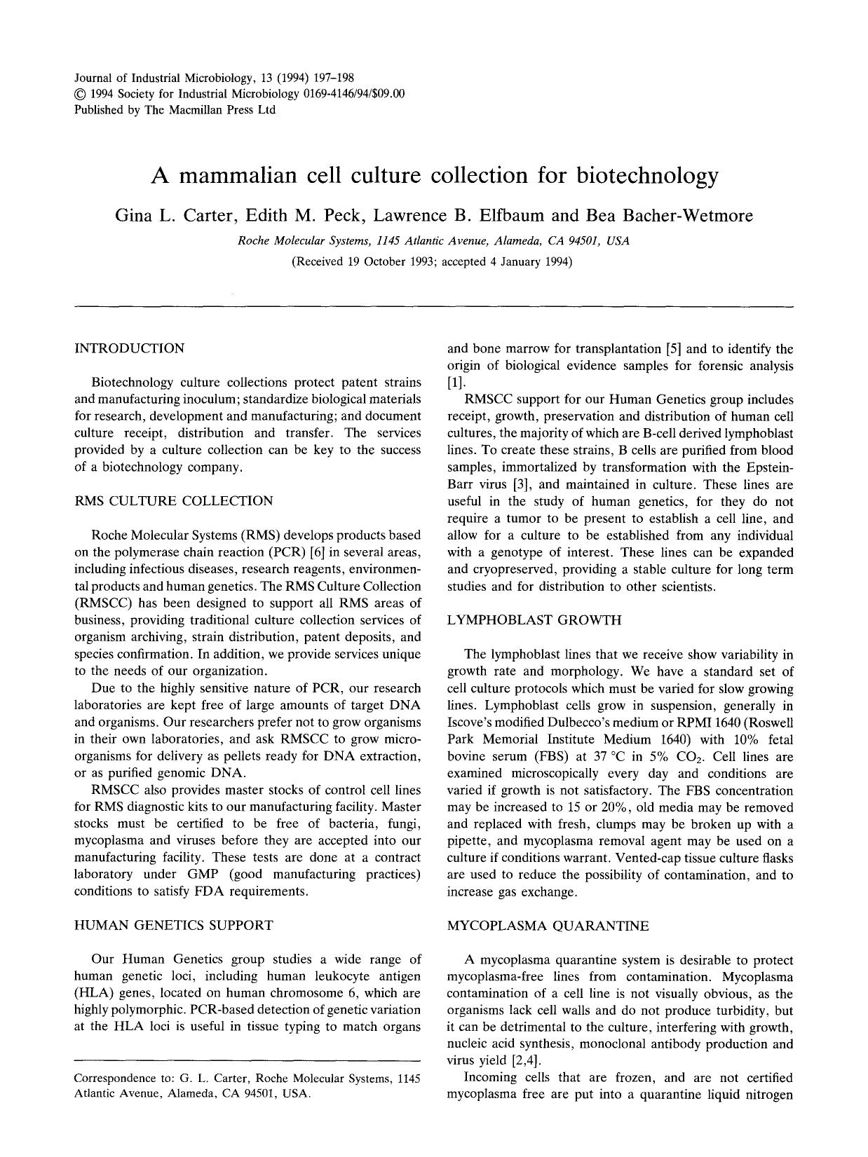 A mammalian cell culture collection for biotechnology by Unknown