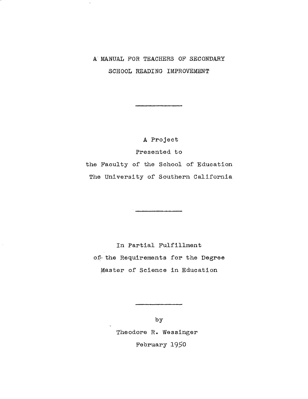 A manual for teachers of secondary school reading improvement by Wessinger Theodore R