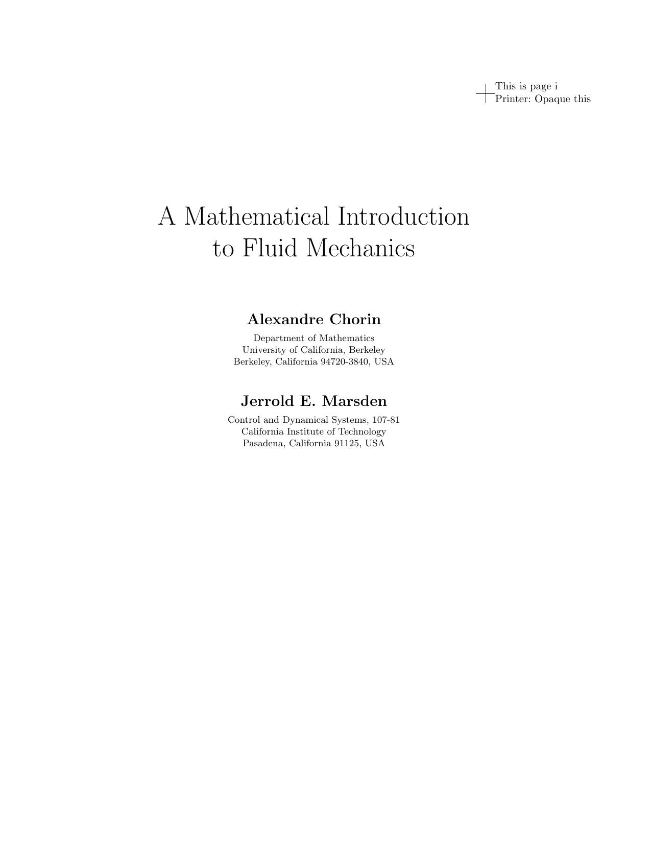 A mathematical introduction to fluid mechanics, Second Edition by A. J. Chorin J. E. Marsden