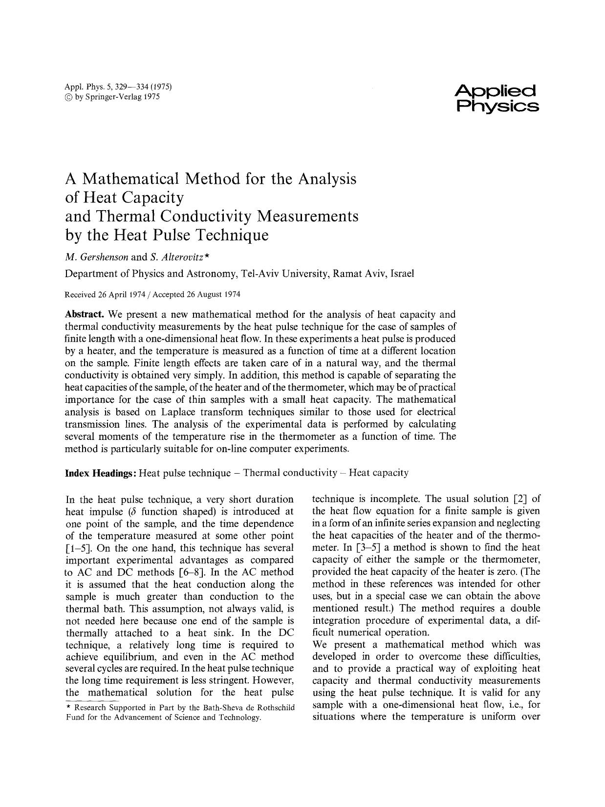 A mathematical method for the analysis of heat capacity and thermal conductivity measurements by the heat pulse technique by Unknown