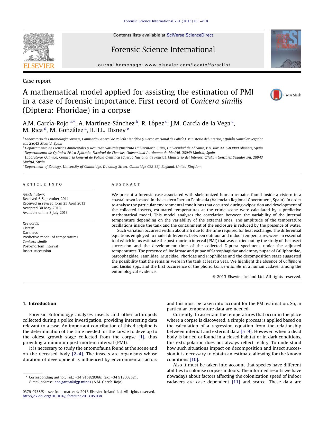 A mathematical model applied for assisting the estimation of PMI in a case of forensic importance. First record of Conicera similis (Diptera: Phoridae) in a corpse by unknow