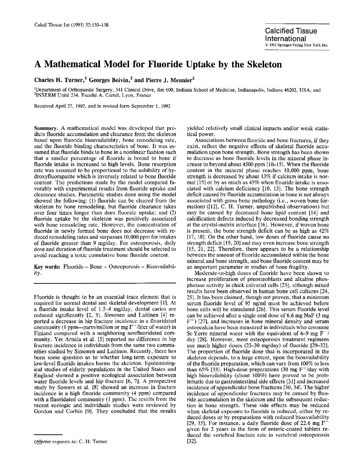 A mathematical model for fluoride uptake by the skeleton by Unknown