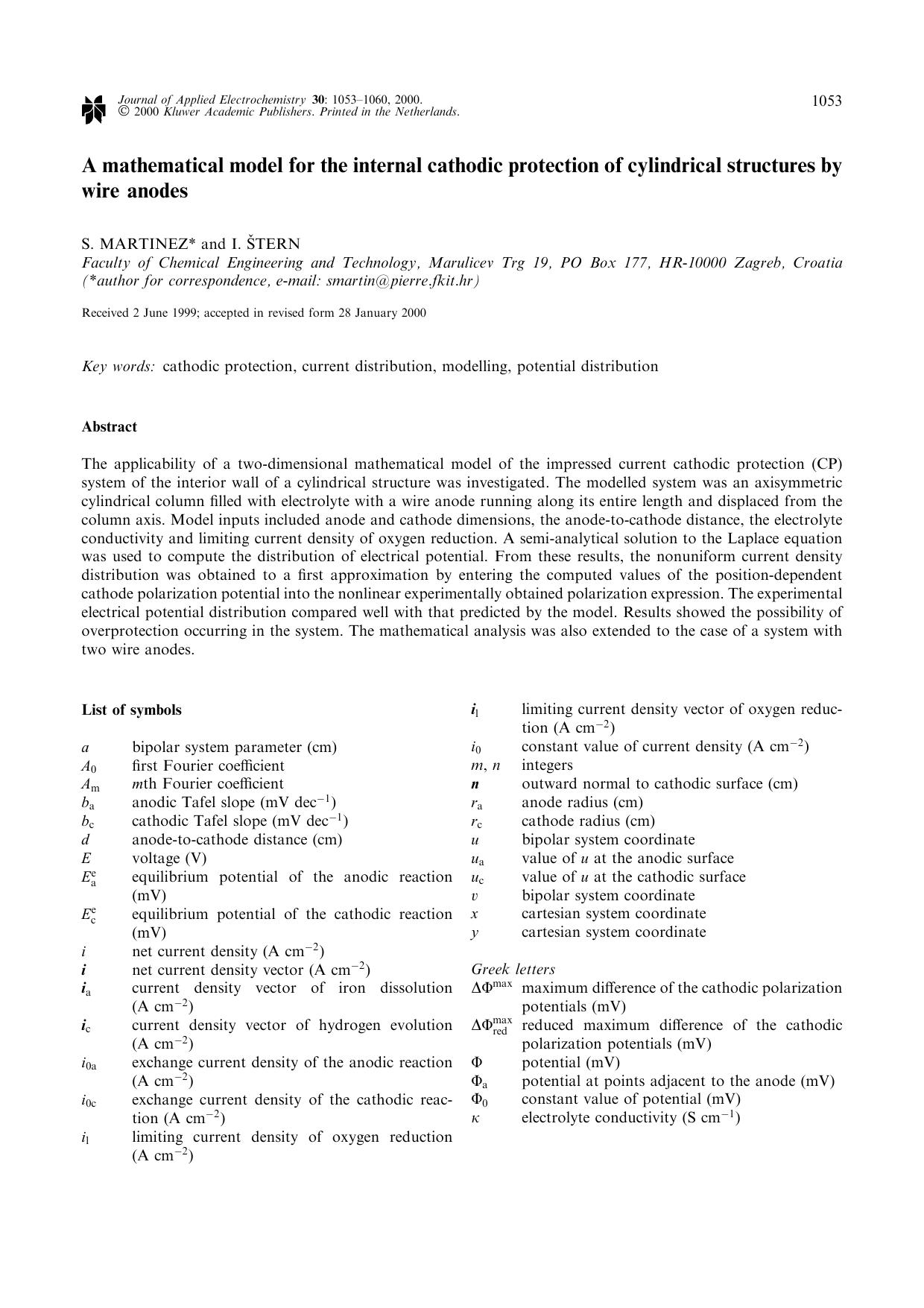 A mathematical model for the internal cathodic protection of cylindrical structures by wire anodes by Unknown