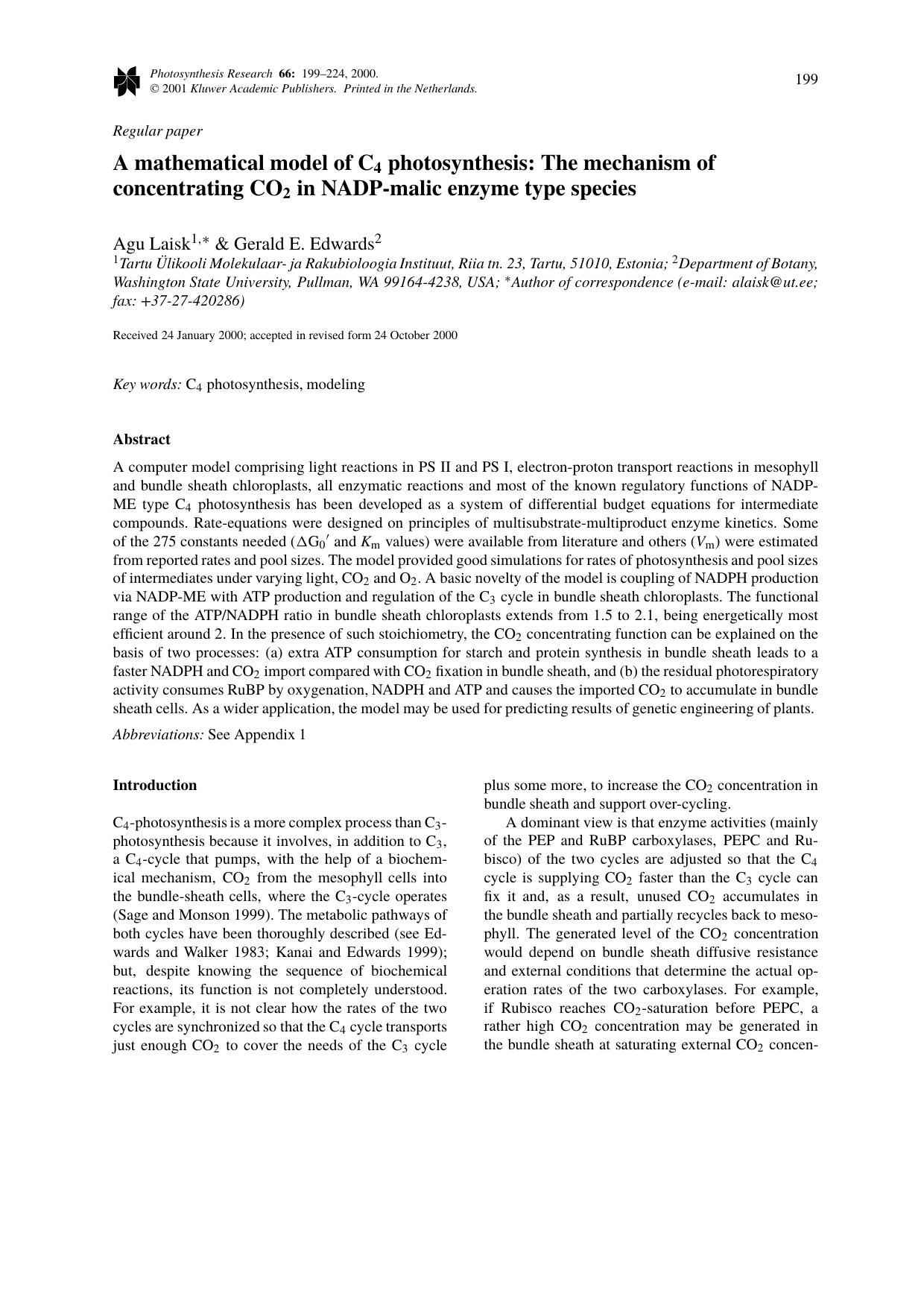 A mathematical model of C4 photosynthesis: The mechanism of concentrating CO2 in NADP-malic enzyme type species by Unknown