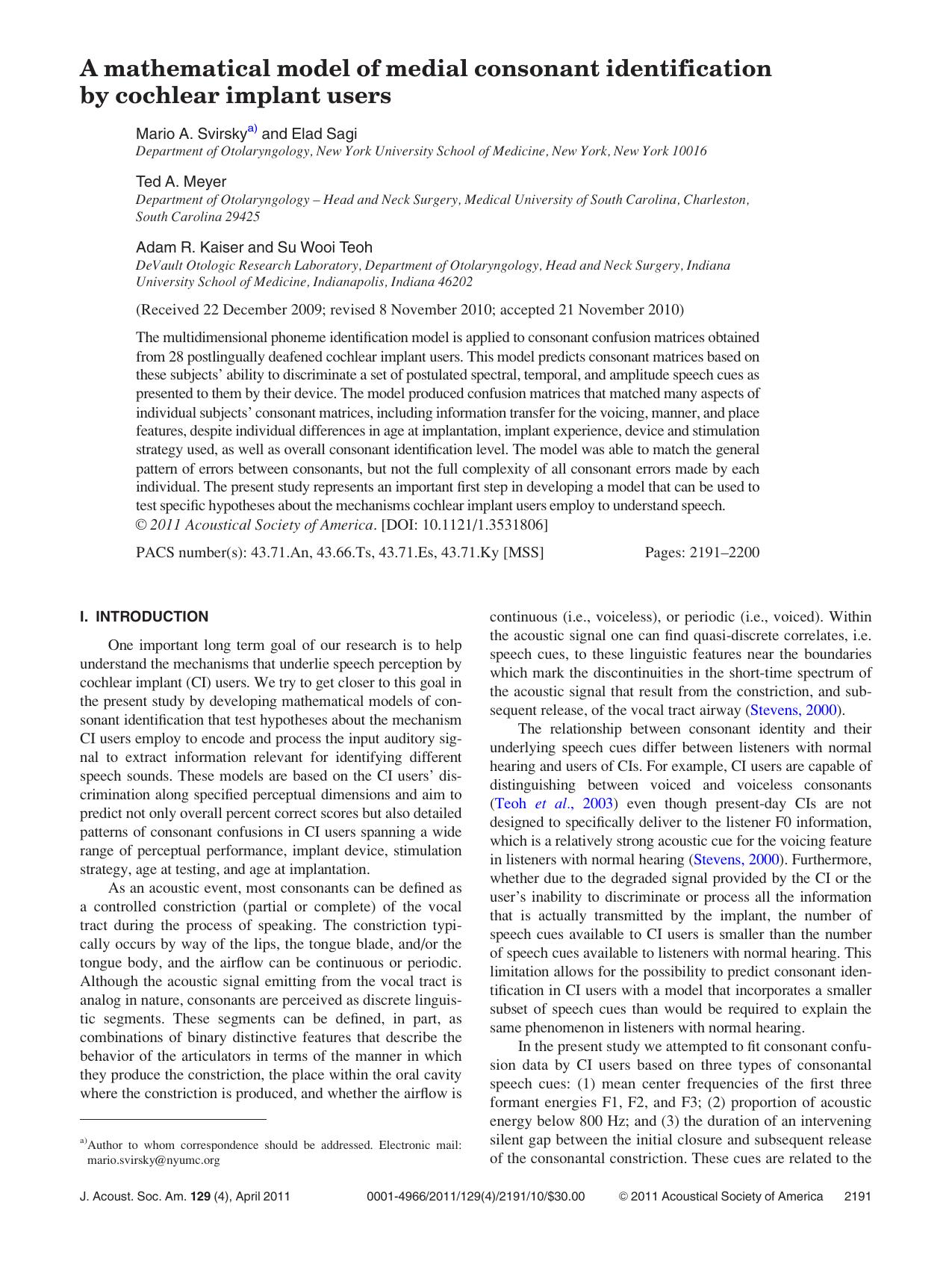 A mathematical model of medial consonant identification by cochlear implant users by Mario A. Svirsky and Elad Sagi & Ted A. Meyer & Adam R. Kaiser and Su Wooi Teoh