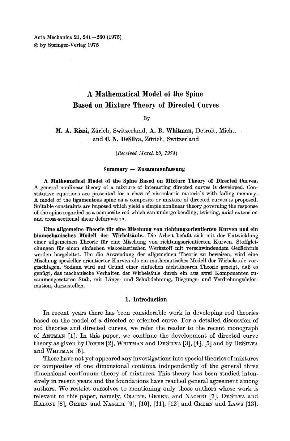A mathematical model of the spine based on mixture theory of directed curves by Unknown
