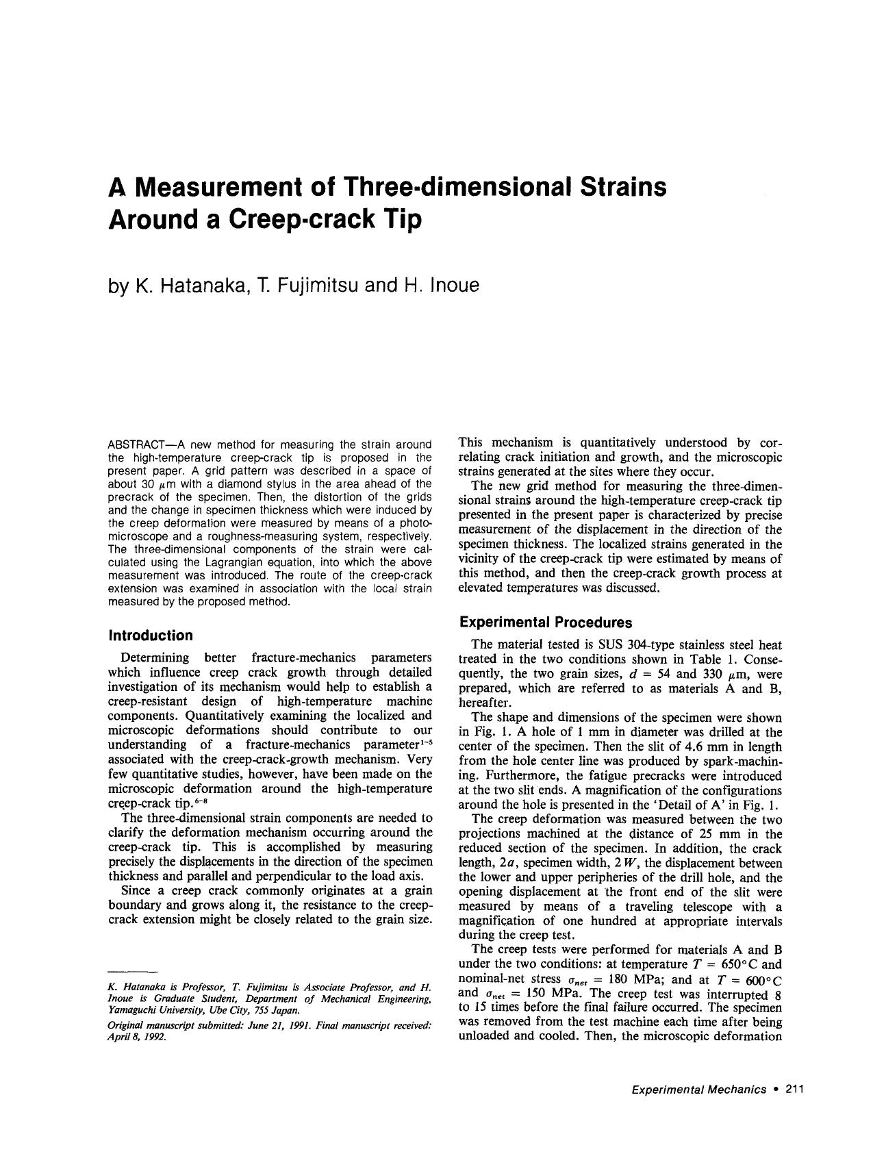 A measurement of three-dimensional strains around a creep-crack tip by Unknown
