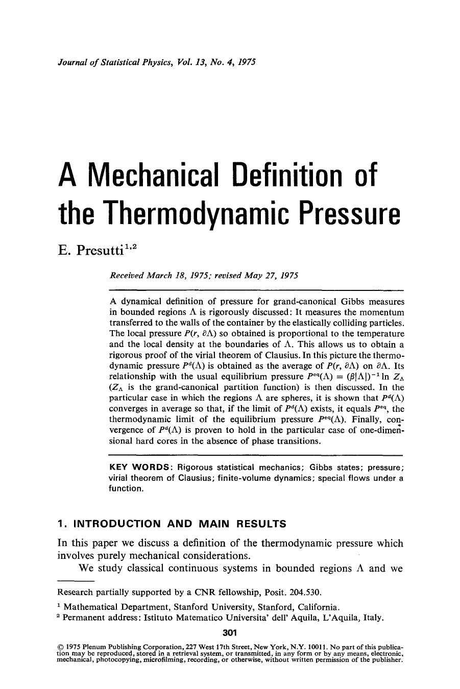 A mechanical definition of the thermodynamic pressure by Unknown