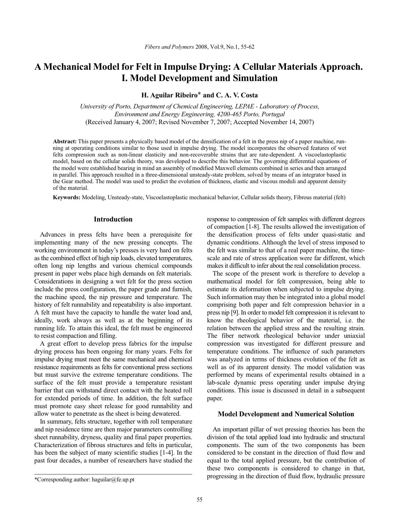 A mechanical model for felt in impulse drying: A cellular materials approach. I. Model development and simulation by Unknown