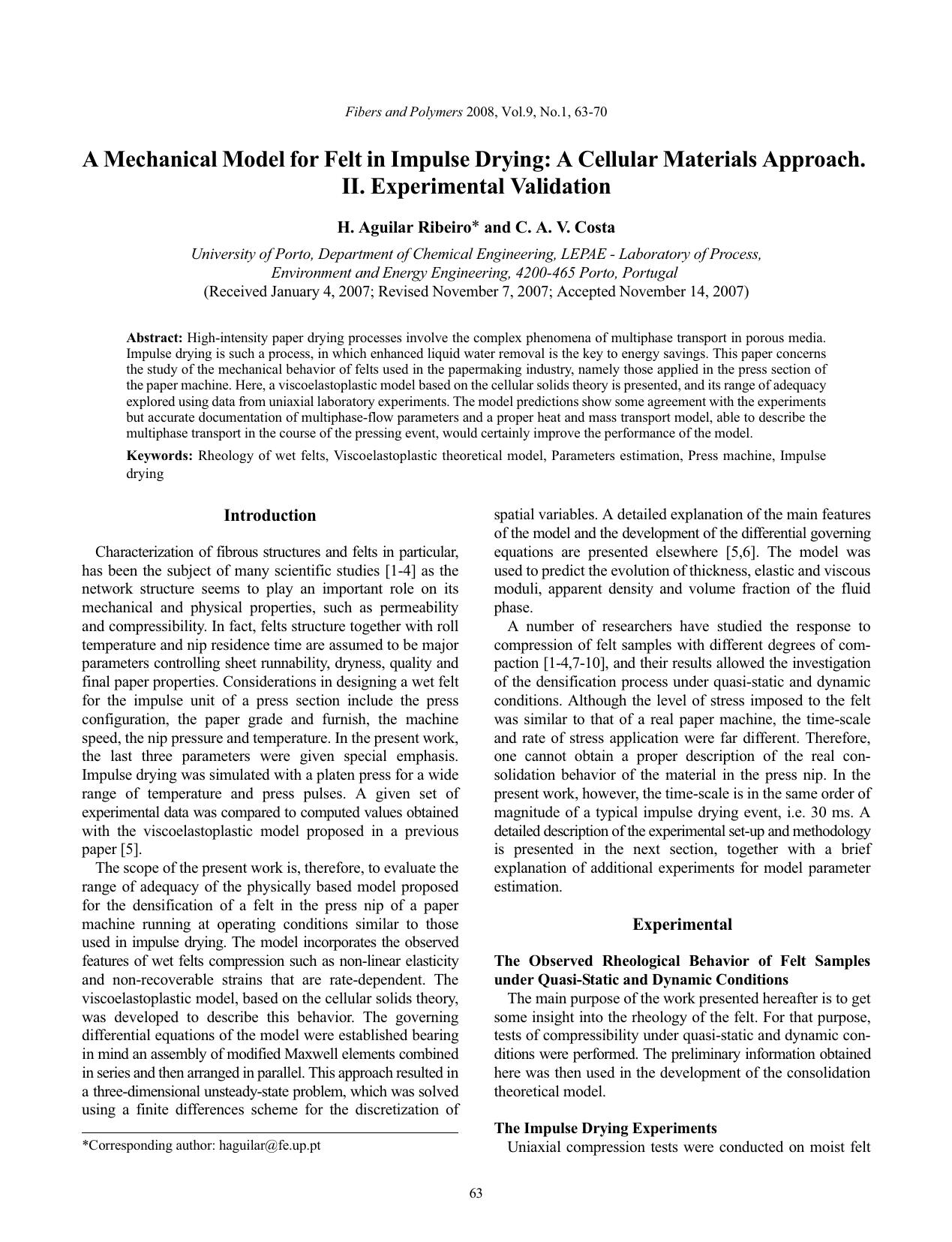 A mechanical model for felt in impulse drying: A cellular materials approach. II. Experimental validation by Unknown