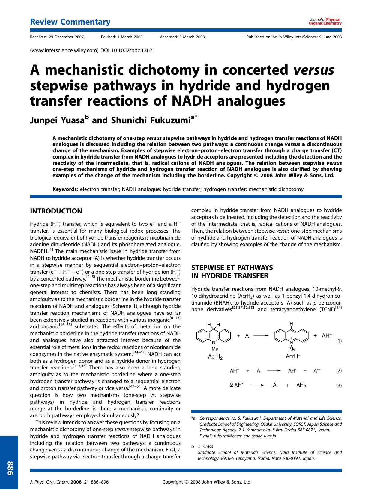 A mechanistic dichotomy in concerted versus stepwise pathways in hydride and hydrogen transfer reactions of NADH analogues by Unknown
