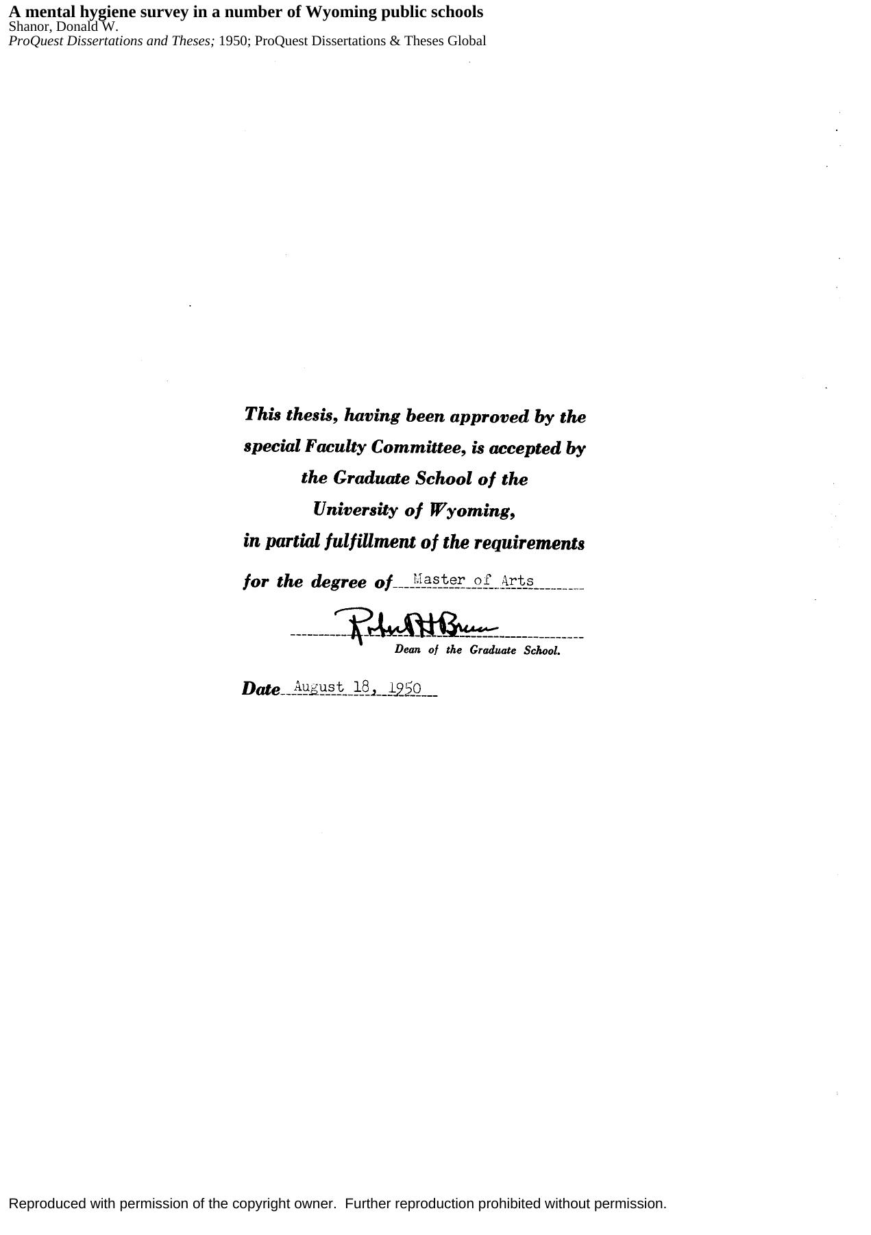 A mental hygiene survey in a number of Wyoming public schools by Shanor Donald W