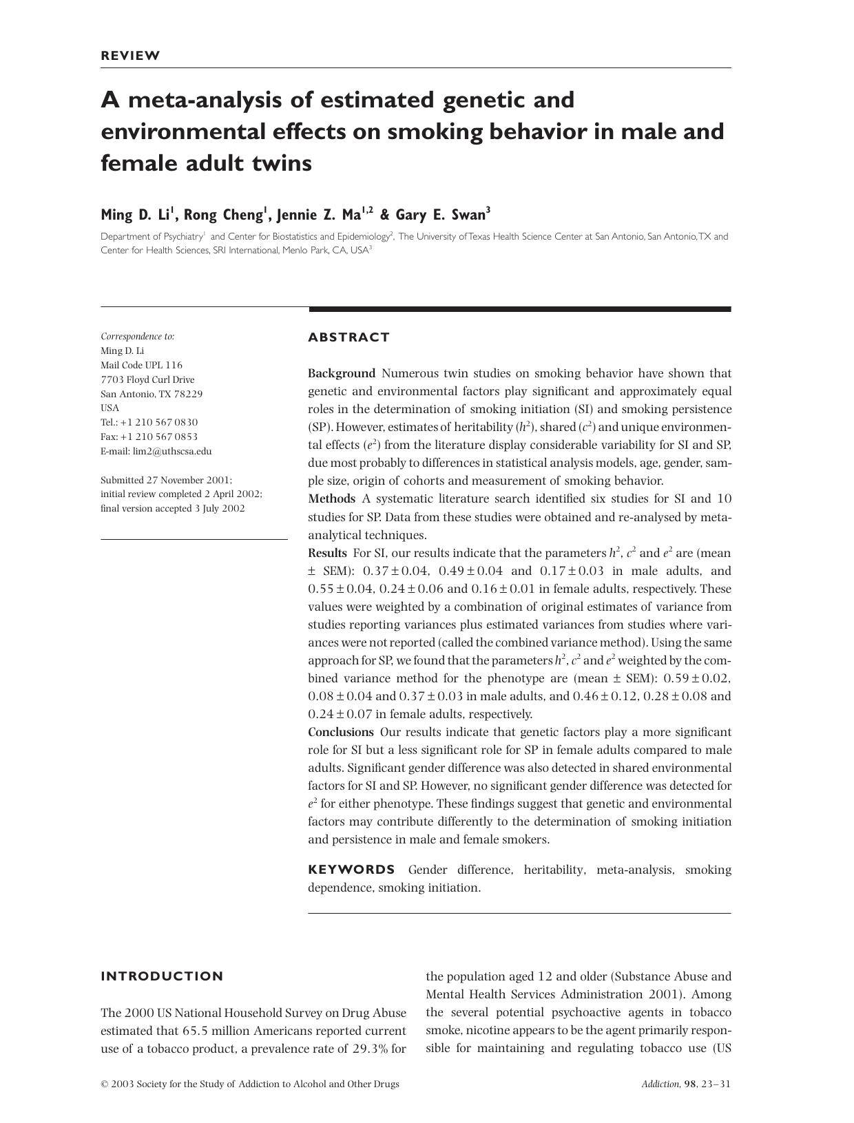 A meta-analysis of estimated genetic and environmental effects on smoking behavior in male and female adult twins by P