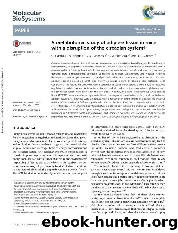 A metabolomic study of adipose tissue in mice with a disruption of the circadian system by C. Castro & W. Briggs & G. K. Paschos & G. A. FitzGerald & J. L. Griffin