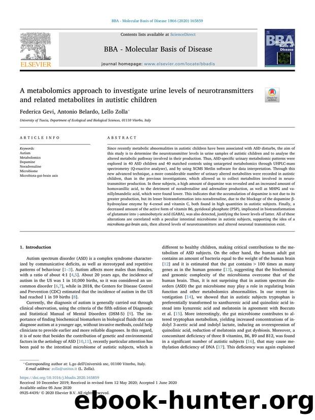 A metabolomics approach to investigate urine levels of neurotransmitters and related metabolites in autistic children by Federica Gevi & Antonio Belardo & Lello Zolla