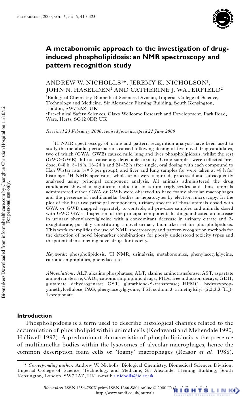 A metabonomic approach to the investigation of drug-induced phospholipidosis: an NMR spectroscopy and pattern recognition study by Andrew W. Nicholls Jeremy K. Nicholson John N. Haselden Catherine J. Waterfield