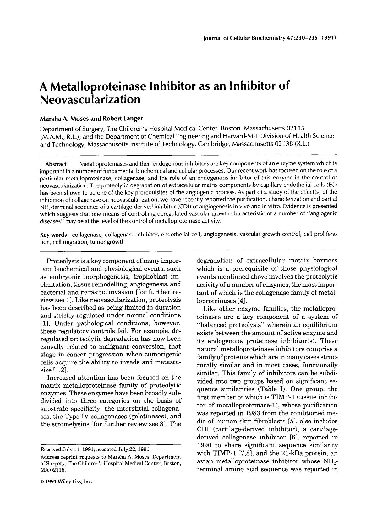 A metalloproteinase inhibitor as an inhibitor of neovascularization by Unknown