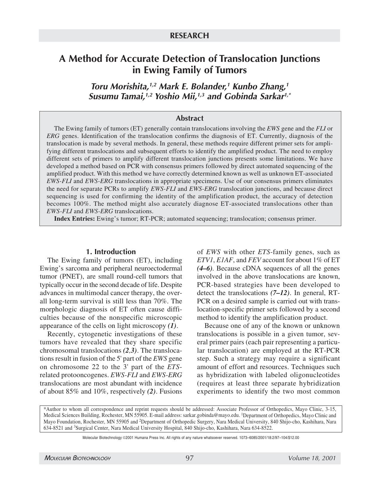 A method for accurate detection of translocation junctions in ewing family of tumors by Unknown