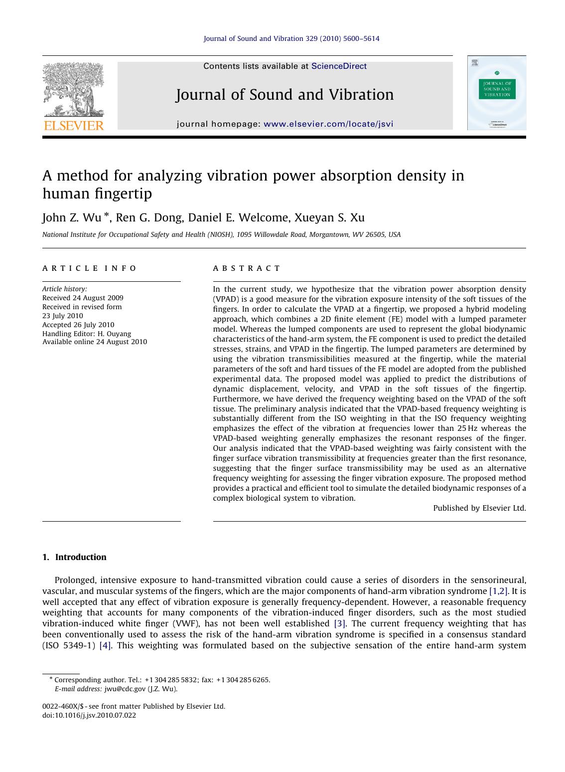 A method for analyzing vibration power absorption density in human fingertip by John Z. Wu & Ren G. Dong & Daniel E. Welcome & Xueyan S. Xu