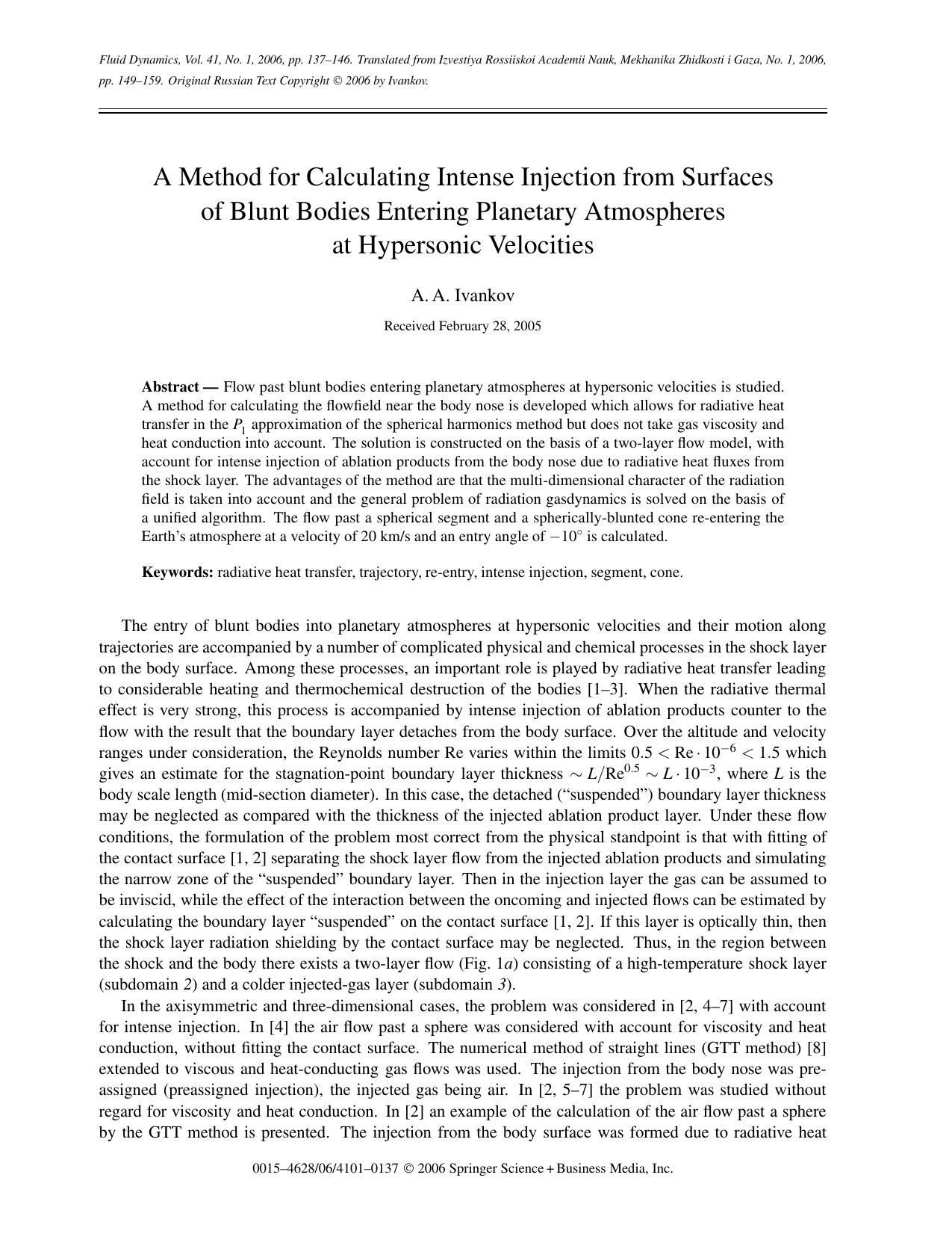 A method for calculating intense injection from surfaces of blunt bodies entering planetary atmospheres at hypersonic velocities by Unknown