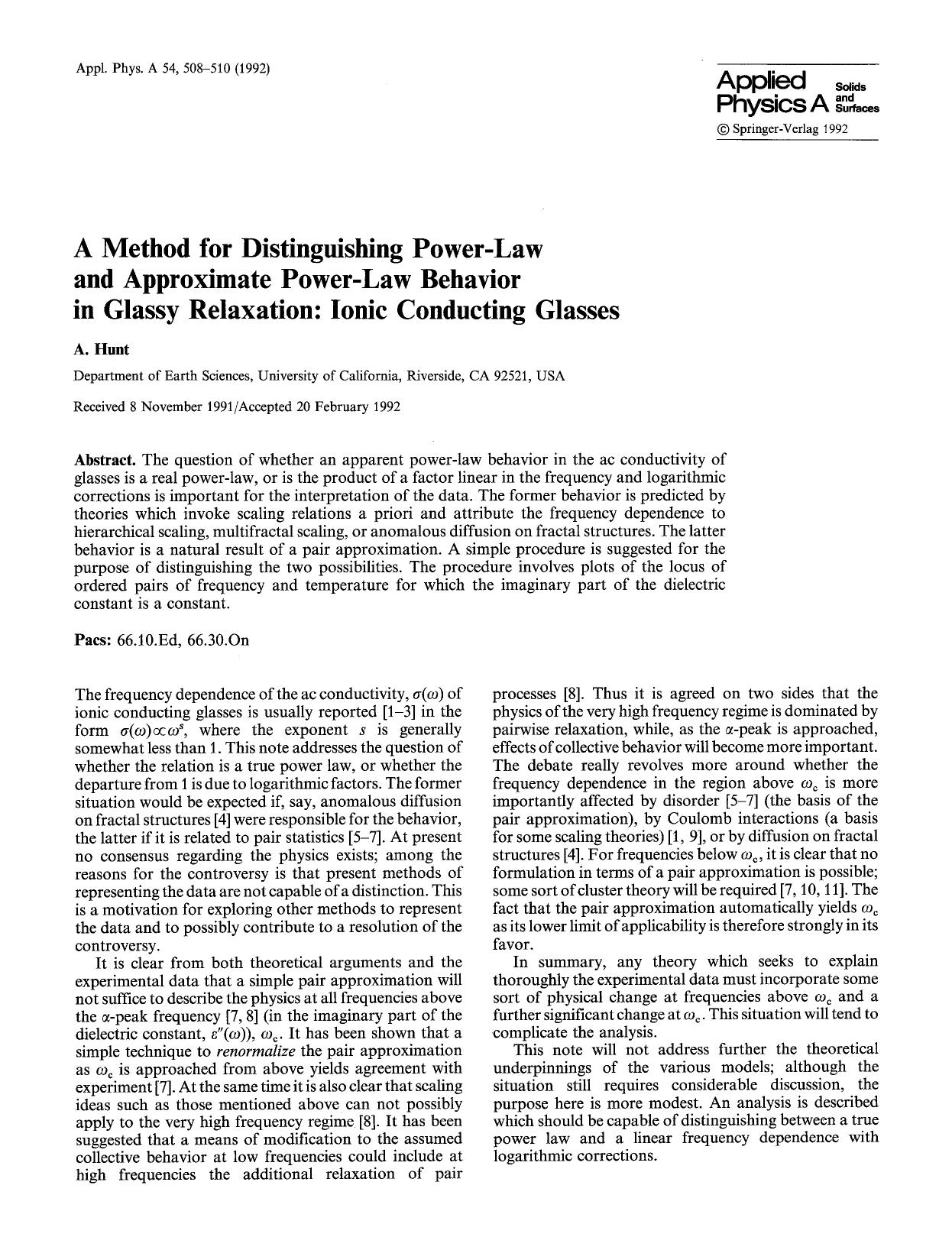 A method for distinguishing power-law and approximate power-law behavior in glassy relaxation: Ionic conducting glasses by Unknown