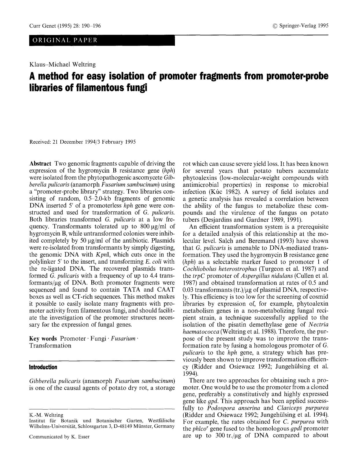 A method for easy isolation of promoter fragments from promoter-probe libraries of filamentous fungi by Unknown