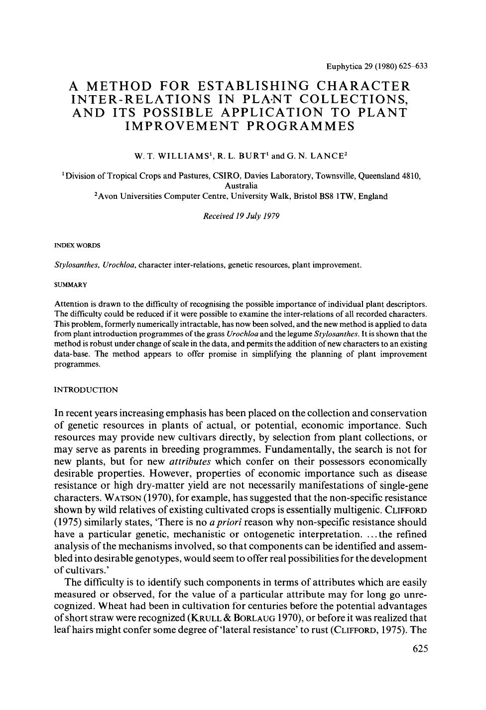 A method for establishing character inter-relations in plant collections, and its possible application to plant improvement programmes by Unknown