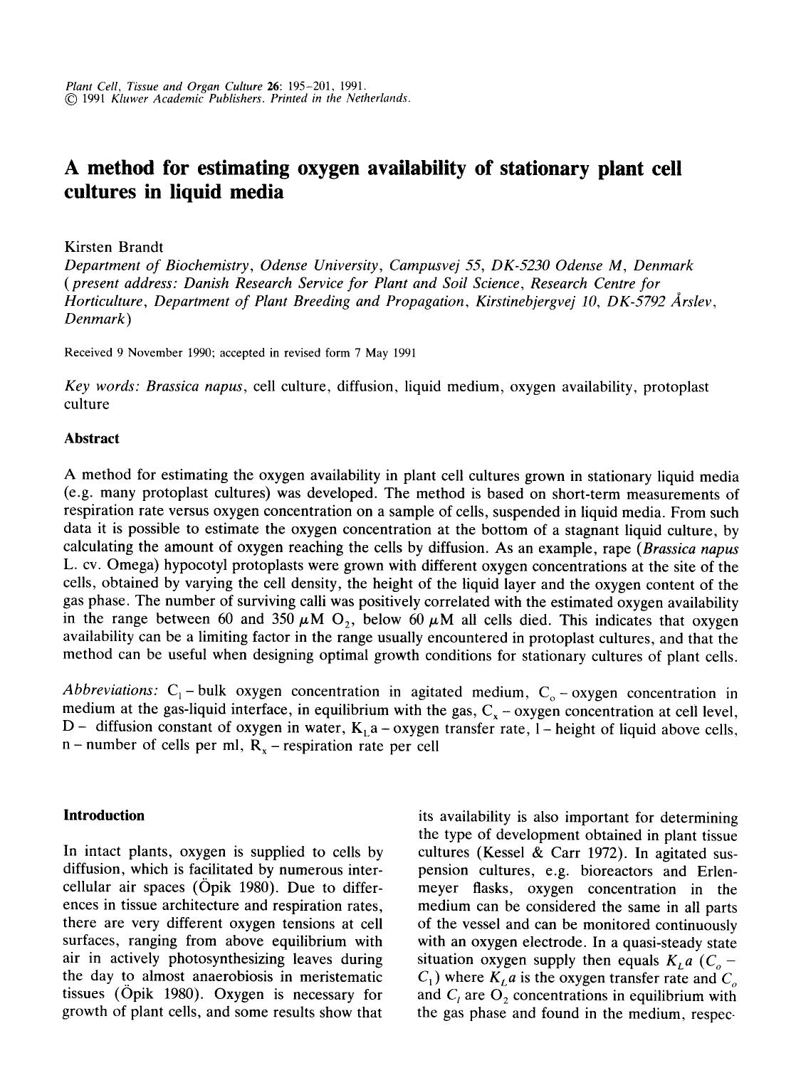 A method for estimating oxygen availability of stationary plant cell cultures in liquid media by Unknown