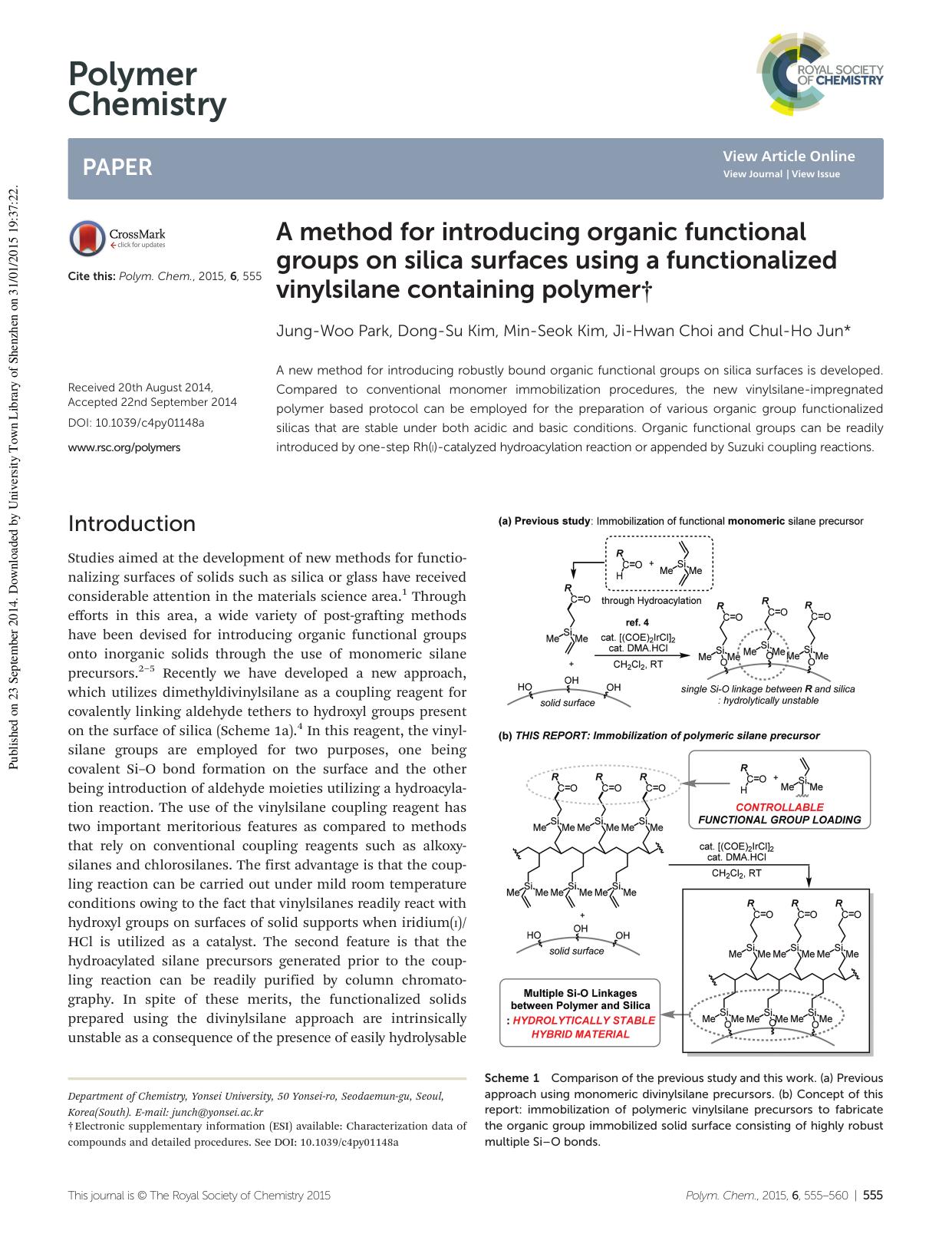 A method for introducing organic functional groups on silica surfaces using a functionalized vinylsilane containing polymer by Jung-Woo Park Dong-Su Kim Min-Seok Kim Ji-Hwan Choi Chul-Ho Jun