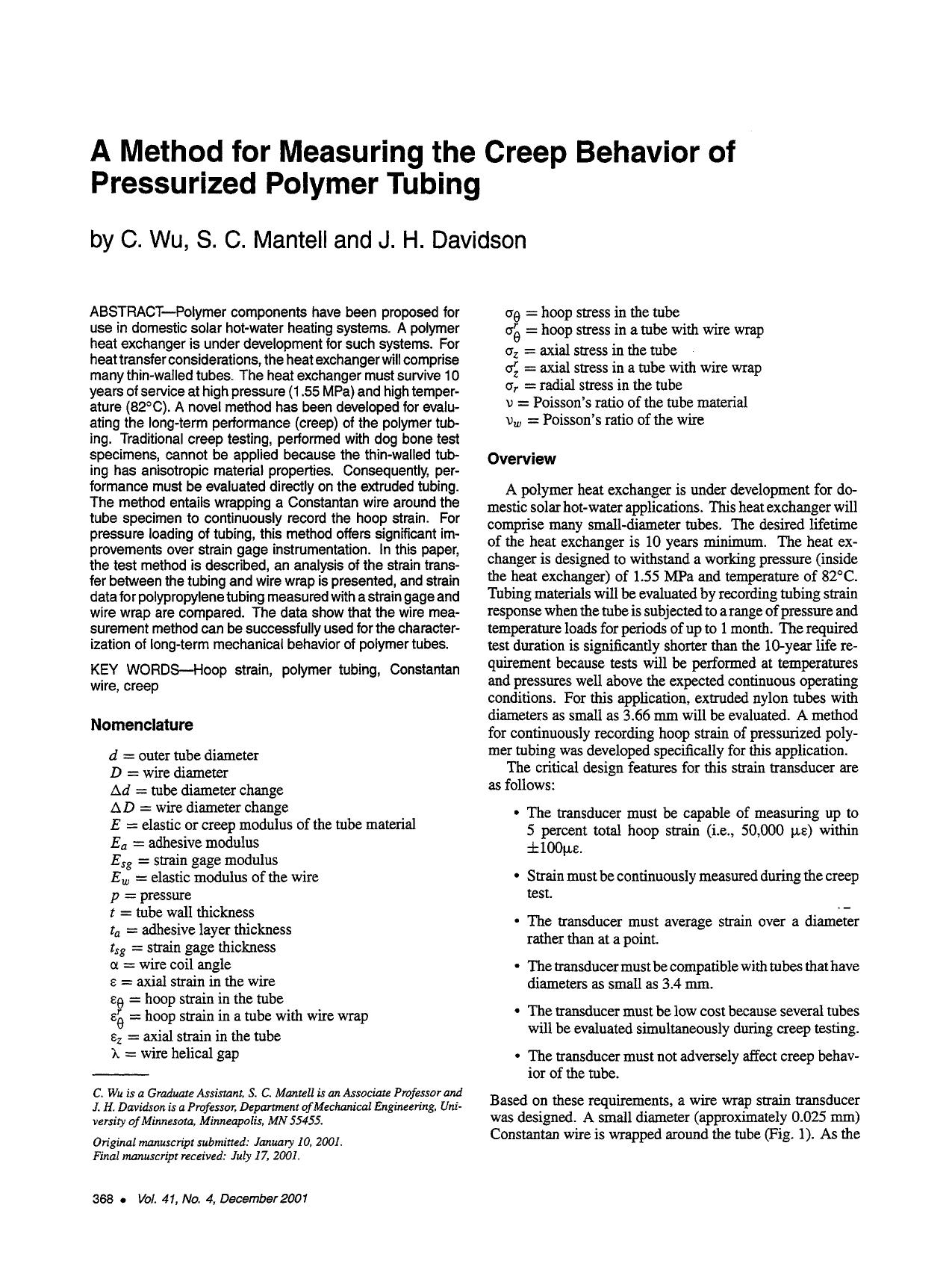 A method for measuring the creep behavior of pressurized polymer tubing by Unknown