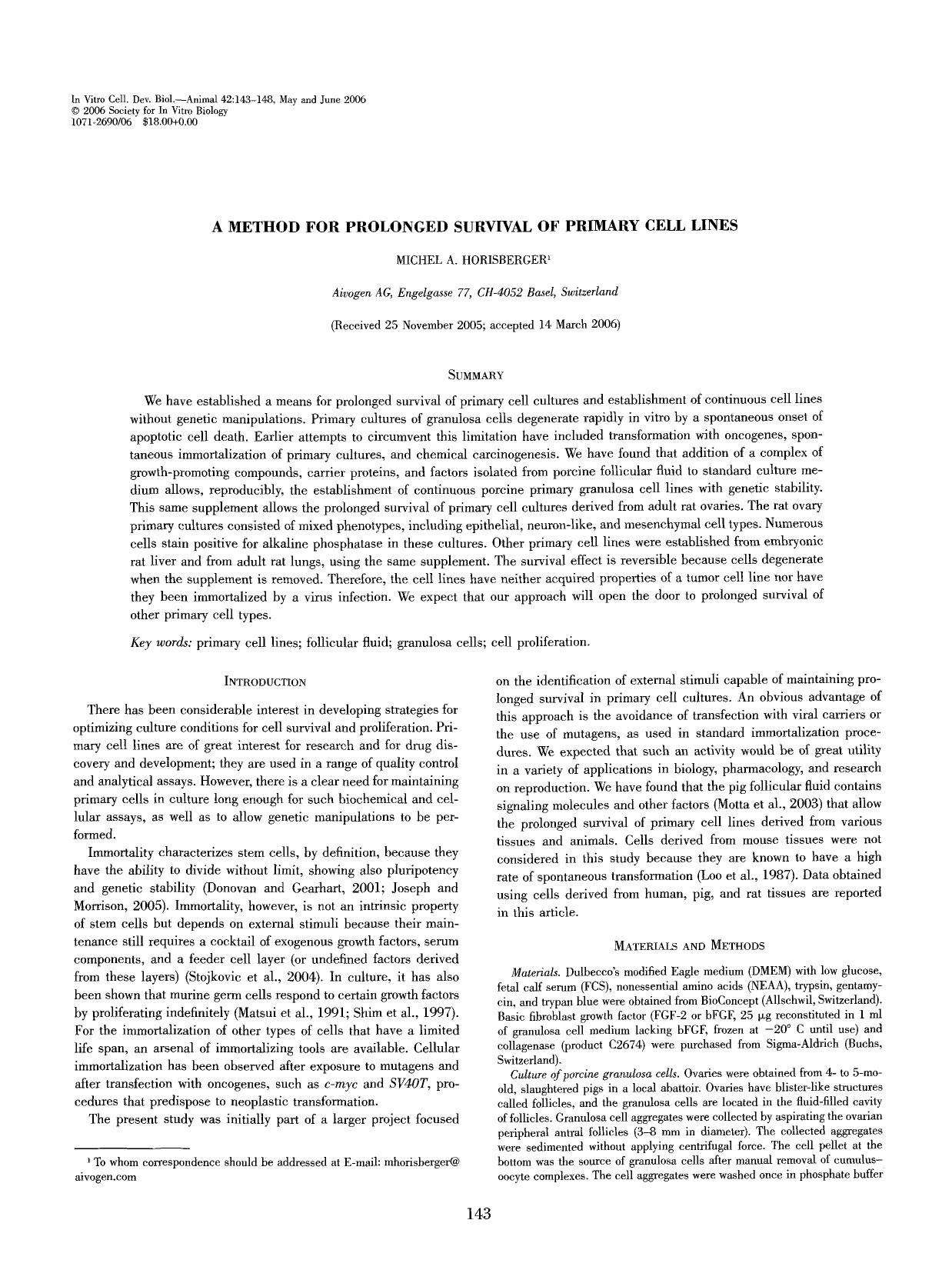 A method for prolonged survival of primary cell lines by Unknown