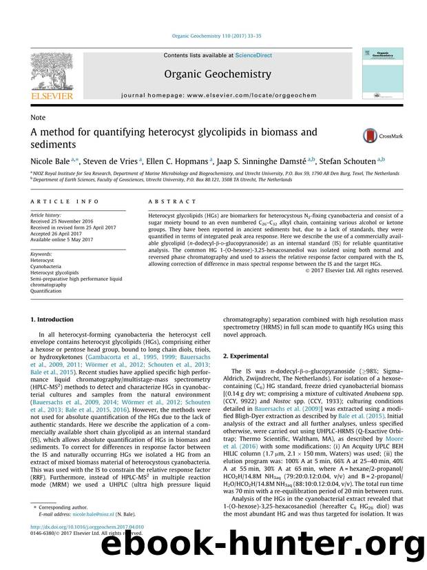A method for quantifying heterocyst glycolipids in biomass and sediments by Nicole Bale & Steven de Vries & Ellen C. Hopmans & Jaap S. Sinninghe Damsté & Stefan Schouten