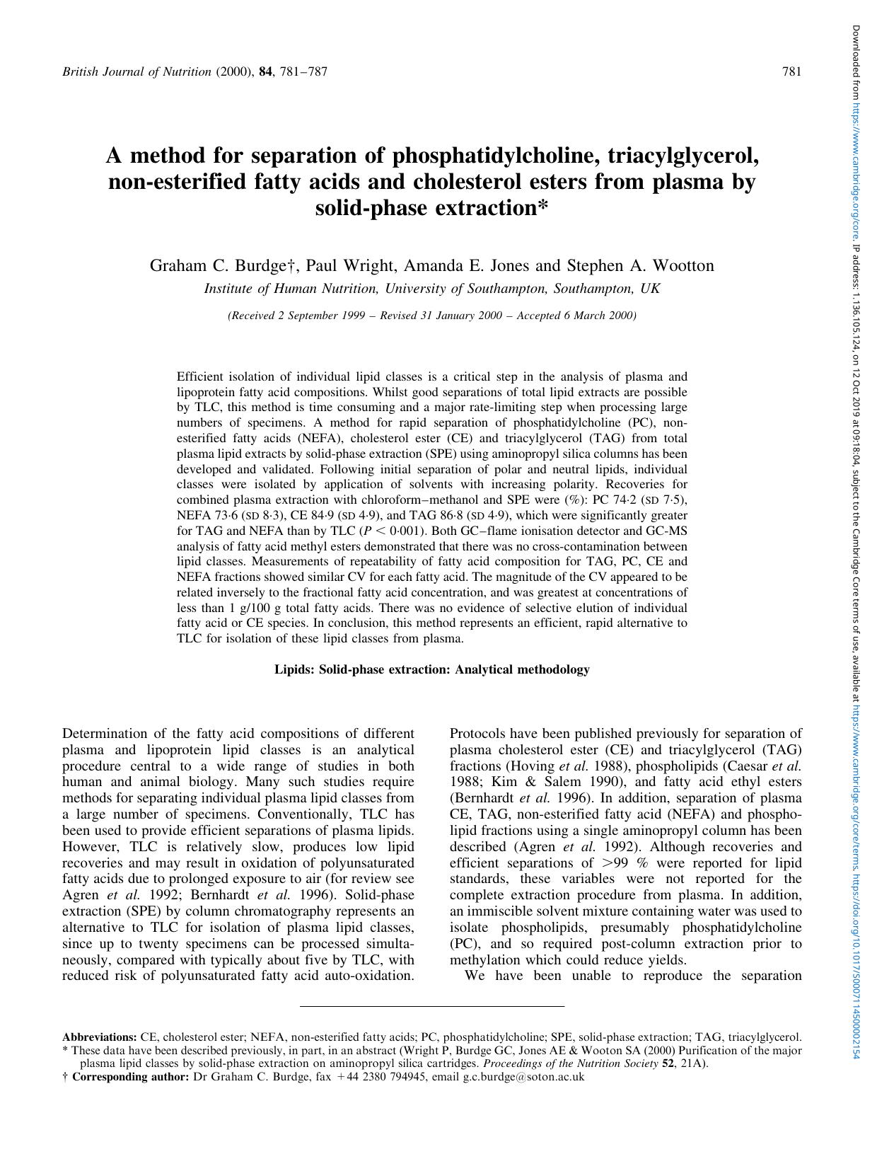 A method for separation of phosphatidylcholine, triacylglycerol, non-esterified fatty acids and cholesterol esters from plasma by solid-phase extraction by Graham C. Burdge Paul Wright Amanda E. Jones & Stephen A. Wootton