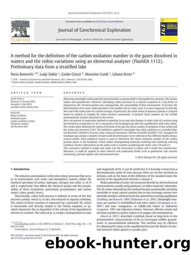A method for the definition of the carbon oxidation number in the gases dissolved in waters and the redox variations using an elemental analyser (FlashEA 1112). Preliminary data from a stratified lake by Ilaria Baneschi & Luigi Dallai & Guido Giazzi & Massimo Guidi & Liliana Krotz