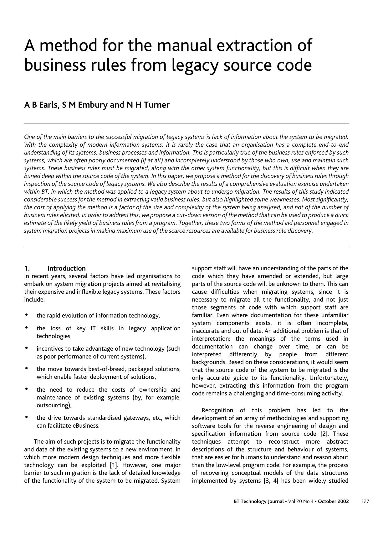 A method for the manual extraction of business rules from legacy source code by Unknown