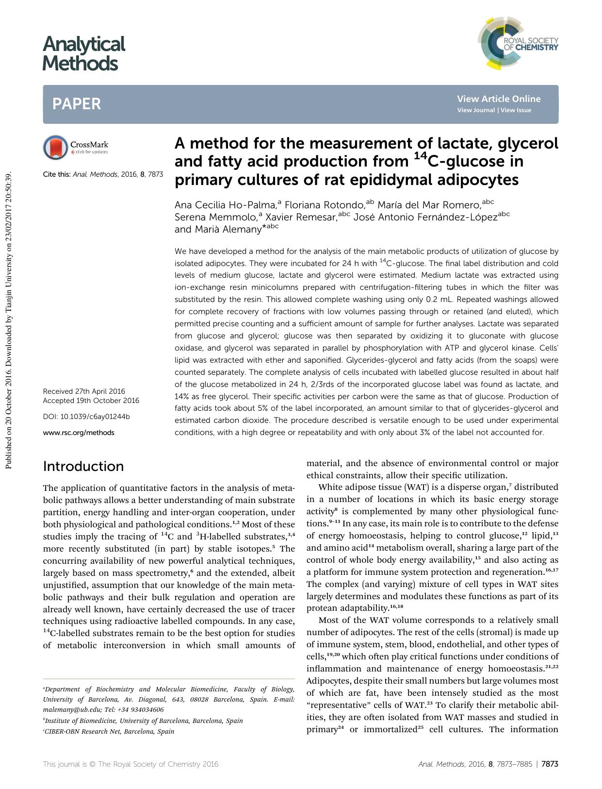 A method for the measurement of lactate, glycerol and fatty acid production from 14C-glucose in primary cultures of rat epididymal adipocytes by unknow
