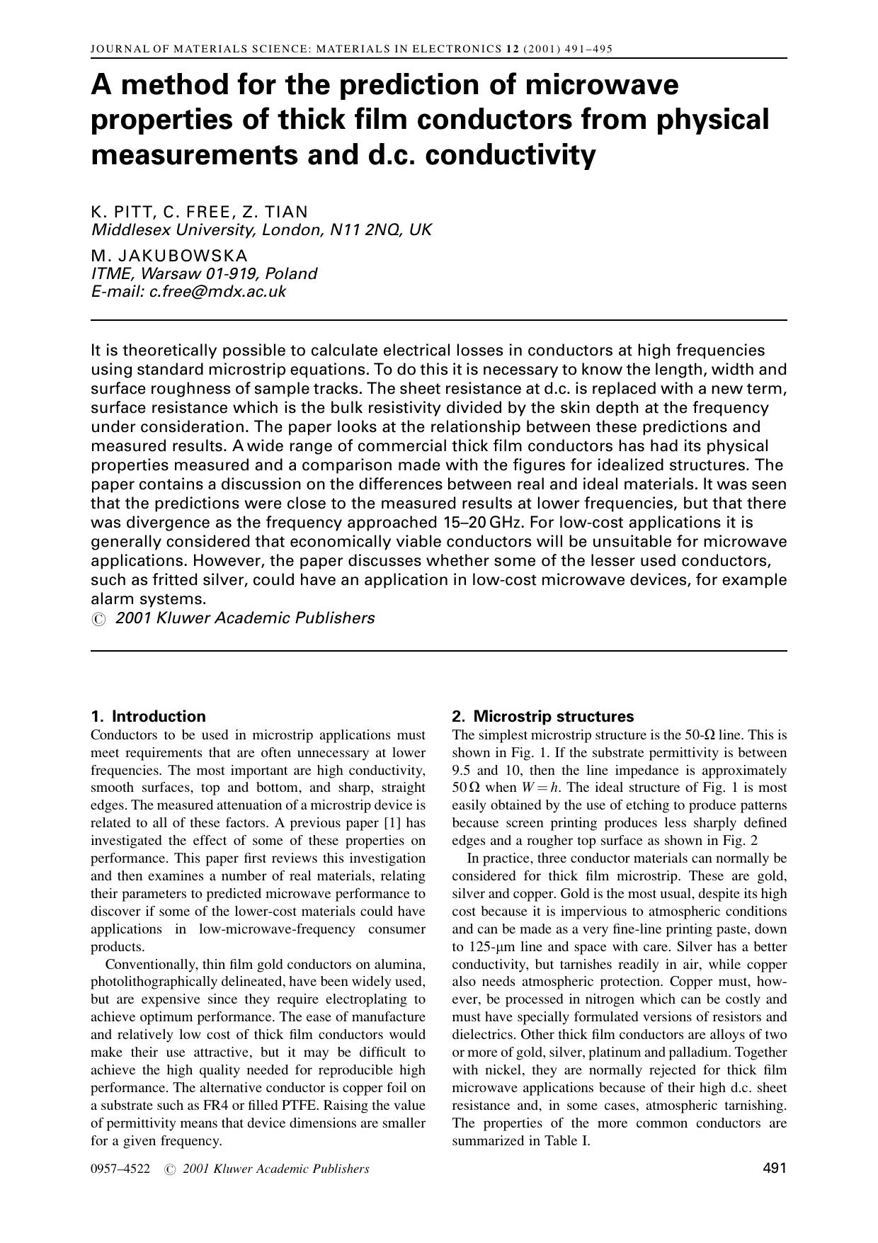 A method for the prediction of microwave properties of thick film conductors from physical measurements and d.c. conductivity by Unknown