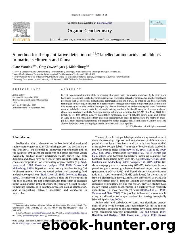 A method for the quantitative detection of 13C labelled amino acids and aldoses in marine sediments and fauna by Clare Woulds; Greg Cowie; Jack J. Middelburg