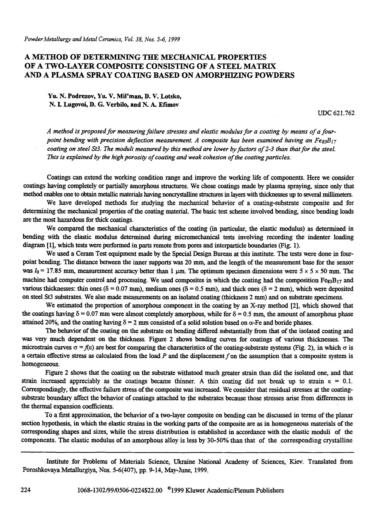 A method of determining the mechanical properties of a two-layer composite consisting of a steel matrix and a plasma spray coating based on amorphizing powders by Unknown