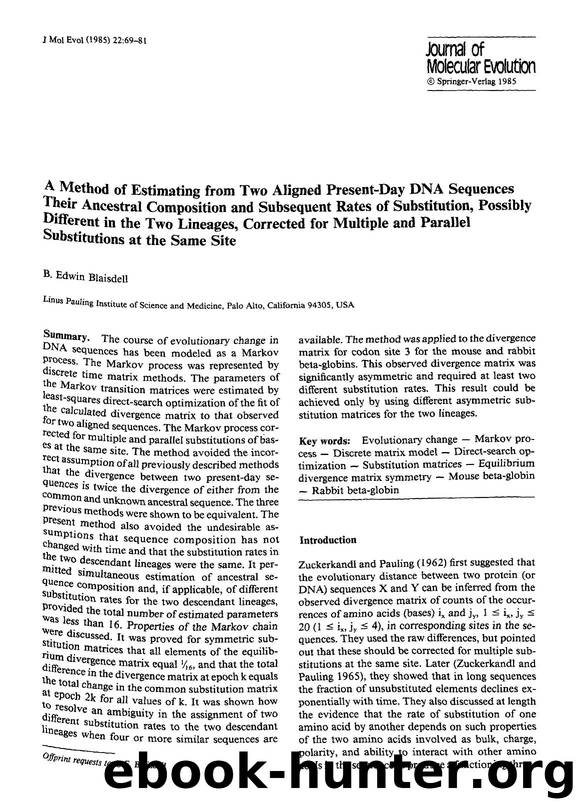 A method of estimating from two aligned present-day DNA sequences their ancestral composition and subsequent rates of substitution, possibly different in the two lineages, correcte by Unknown