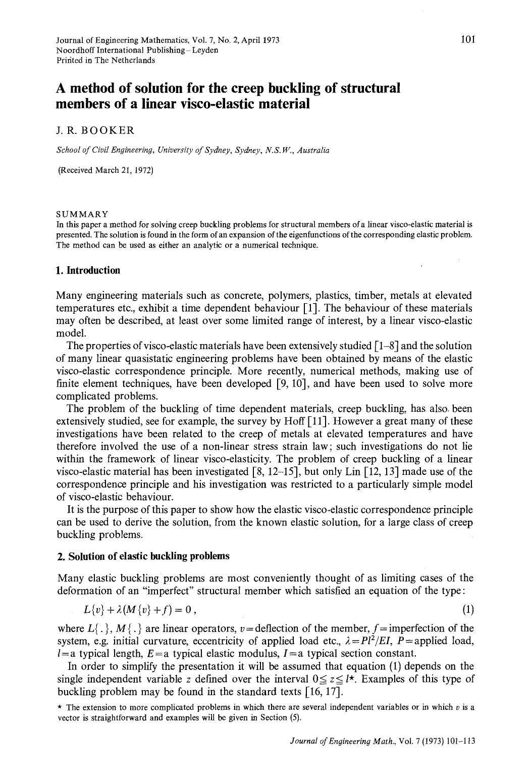 A method of solution for the creep buckling of structural members of a linear visco-elastic material by Unknown