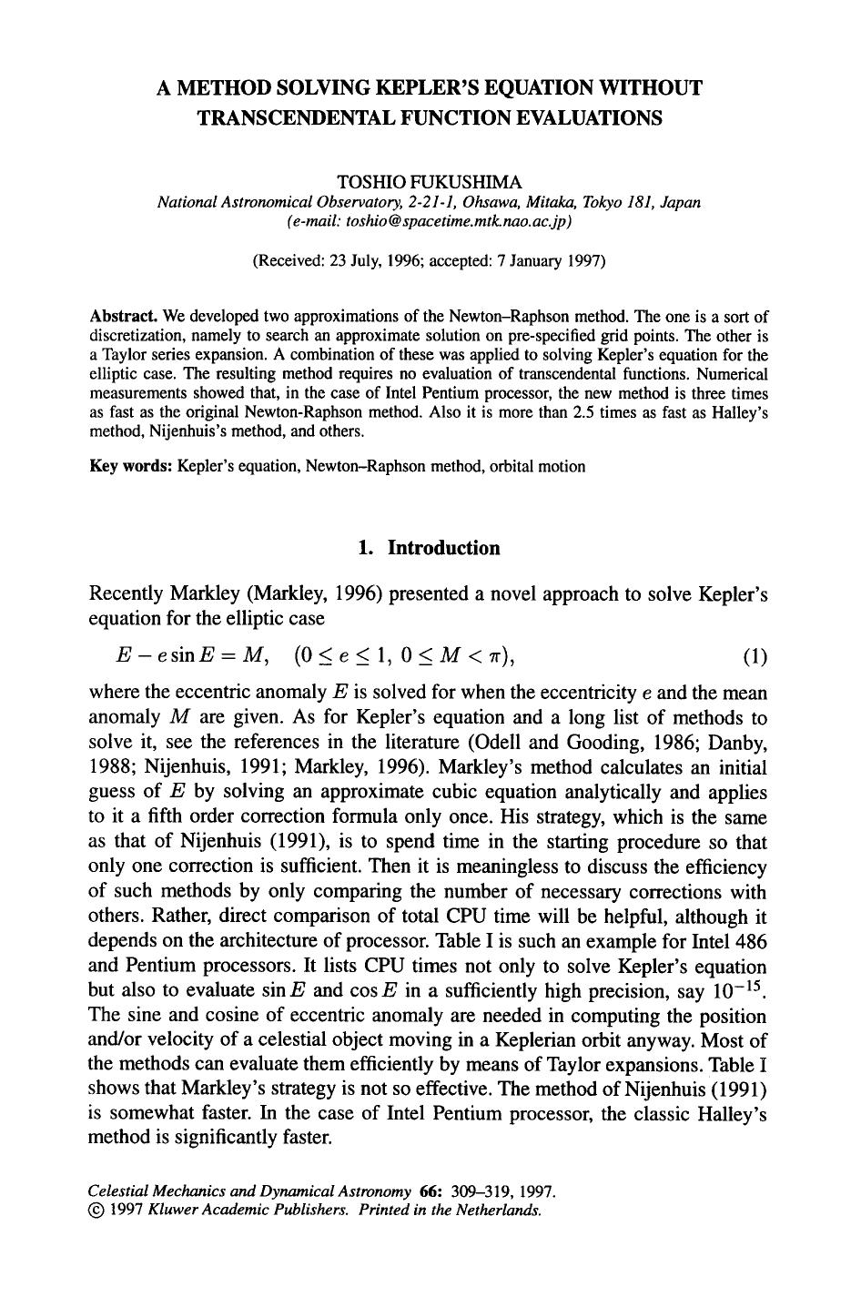 A method solving kepler's equation without transcendental function evaluations by Unknown