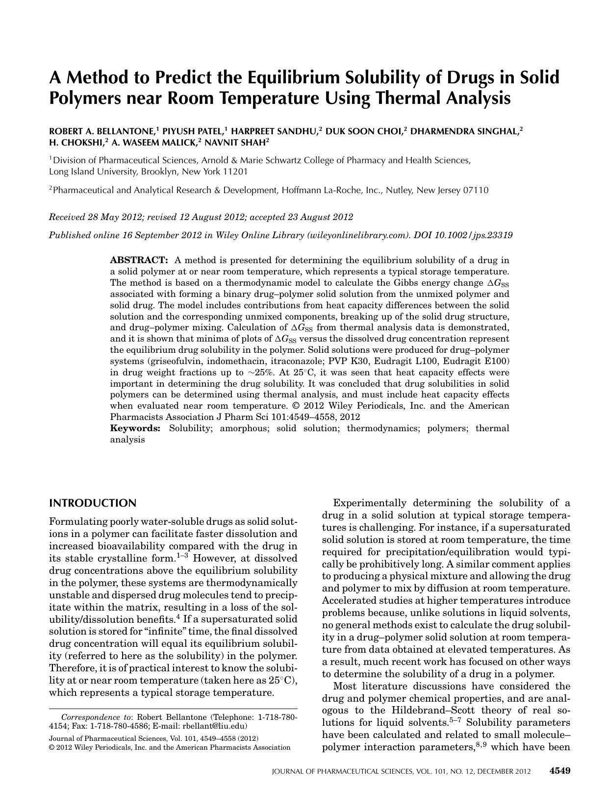 A method to predict the equilibrium solubility of drugs in solid polymers near room temperature using thermal analysis by Unknown