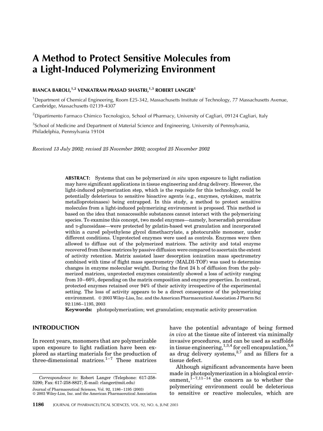A method to protect sensitive molecules from a light-induced polymerizing environment by Unknown