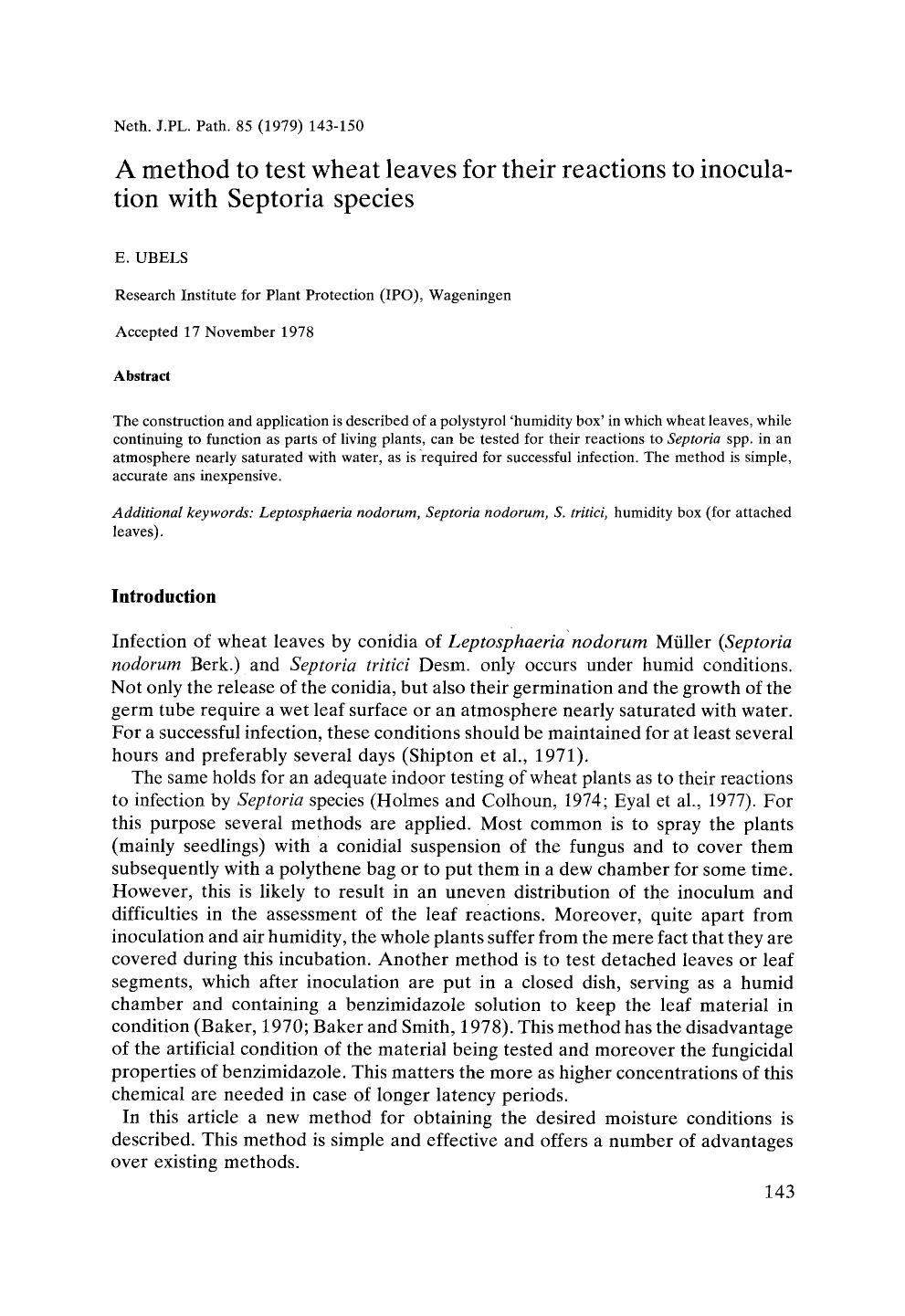 A method to test wheat leaves for their reactions to inoculation with Septoria species by Unknown