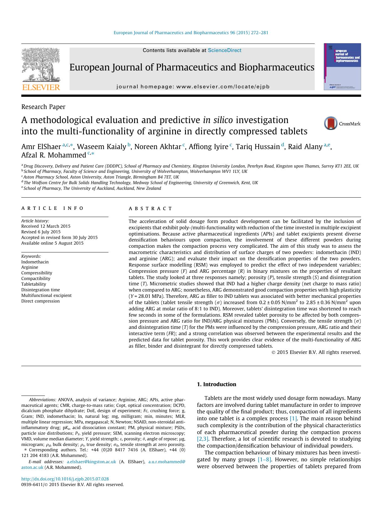 A methodological evaluation and predictive in silico investigation into the multi-functionality of arginine in directly compressed tablets by unknow