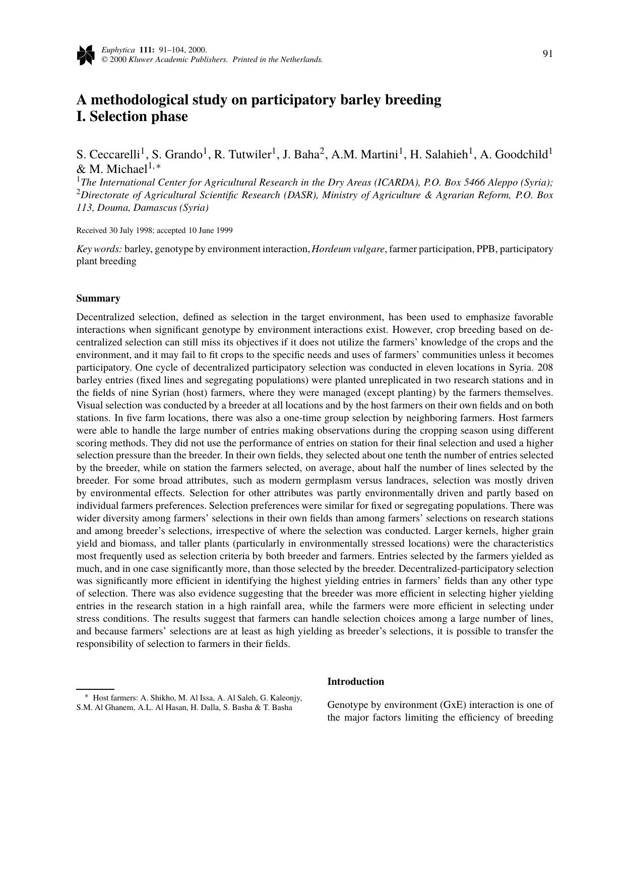 A methodological study on participatory barley breeding I. Selection phase by Unknown